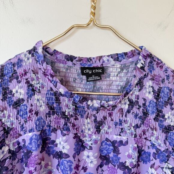 City Chic Bella Purple Floral Smocked Ruffle Sleeveless Blouse M / 18 - Picture 6 of 10